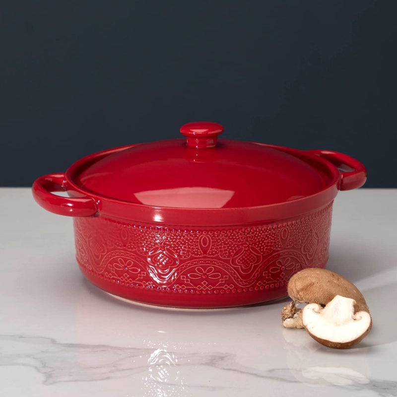 FE FUN ELEMENTS FUN ELEMENTS Casserole Dish, 2 Quart Lace Emboss Casserole Dish with Lid, Oven to Table Ceramic Round Serving Dish with Handles for Dinner and Party, Thanksgiving Christmas Gifts(Christmas Red) - Image 2